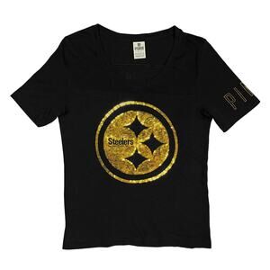 Victoria’s Secret PINK NFL Pittsburgh Steelers Sequin Tee Black T Shirt Small VS
